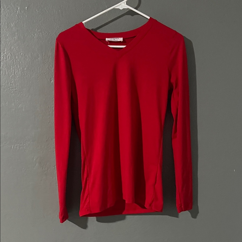 Women's Red V-Neck Long-Sleeve Tee